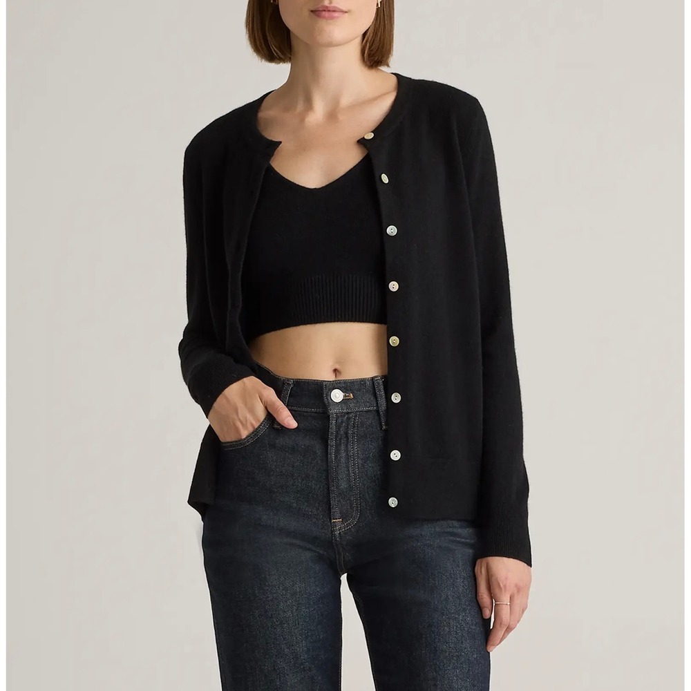 Quince Cardigan Sweater Mongolian Cashmere Slim Fit Button Front Black Large